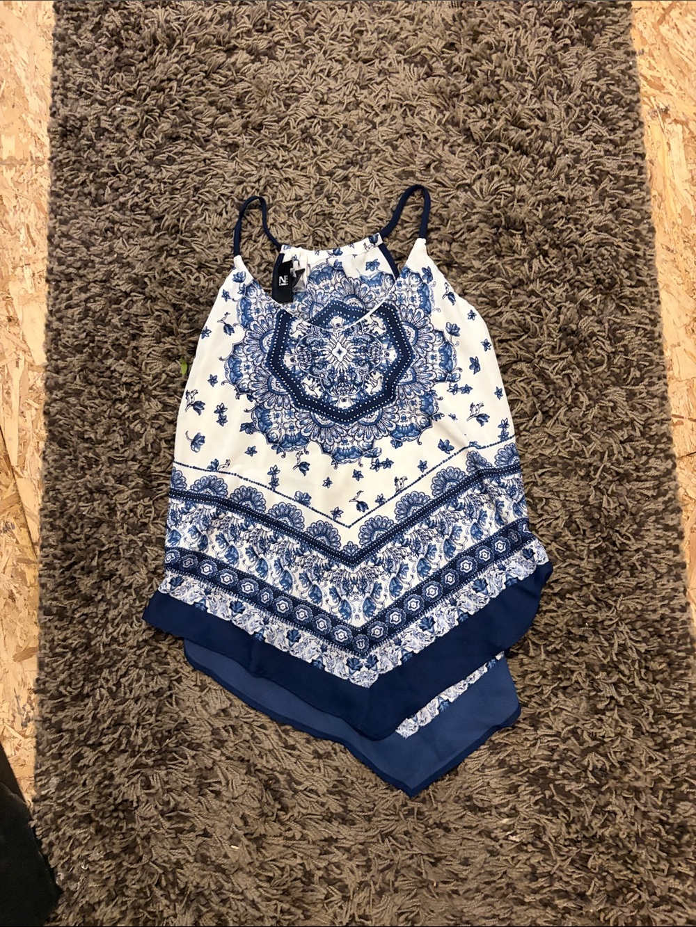 Iz Byer White and Blue Printed Handkerchief-Hem Sleeveless Bodysuit